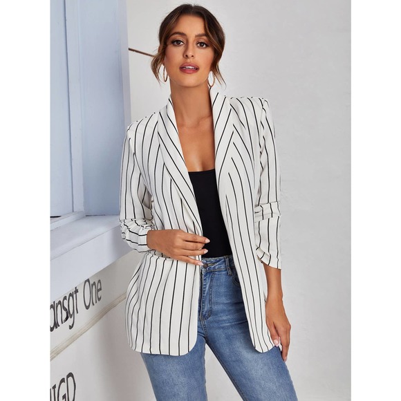 Pinstriped Shawl Collar Blazer striped white black minimalist preppy - Picture 1 of 5